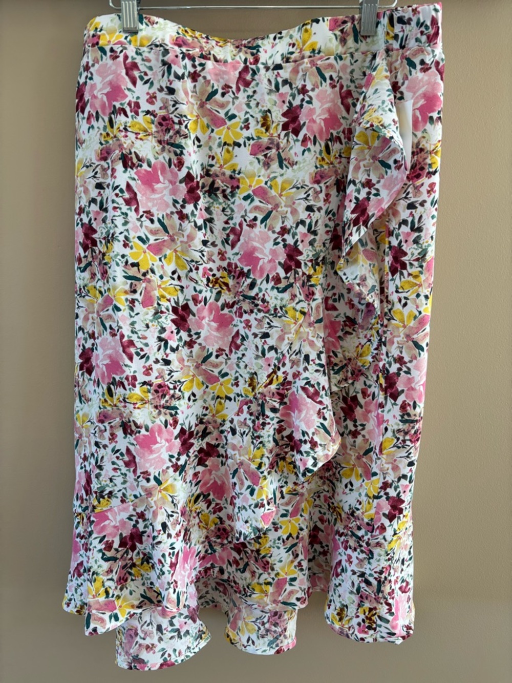 Floral Ruffle faux wrap Midi Skirt in Pink and Yellow